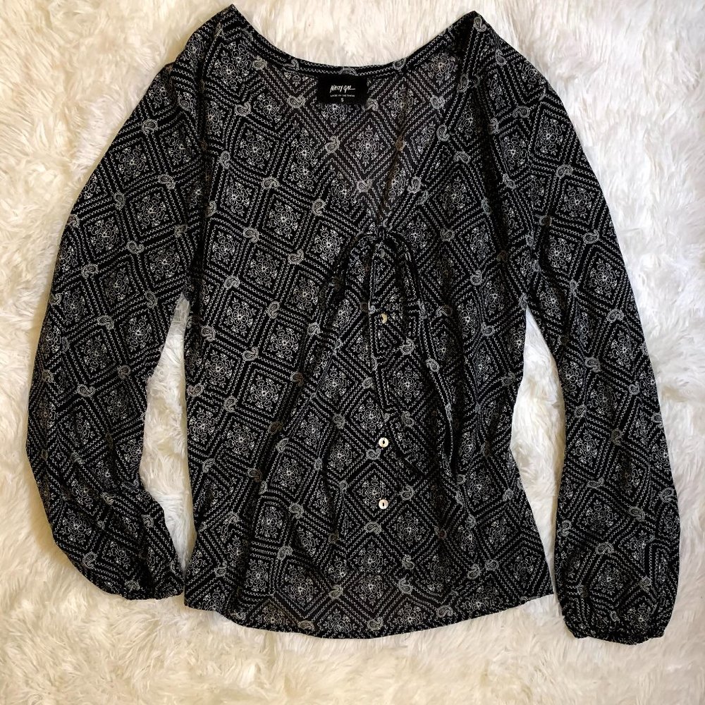 Nasty Gal V-Neck Blouse with Tie, Black & White, S